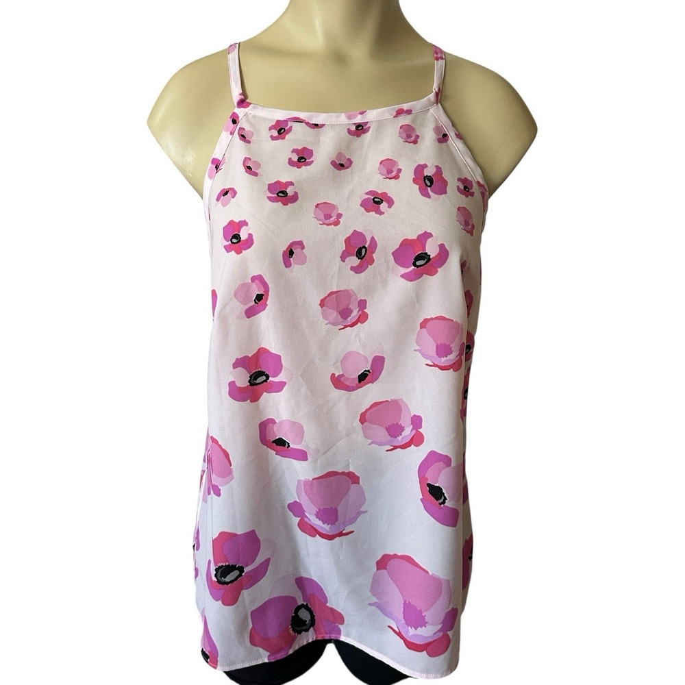 Cabi Floating Poppies Tank Top Women's Small Pink Black Floral Sleeveless‎ EUC